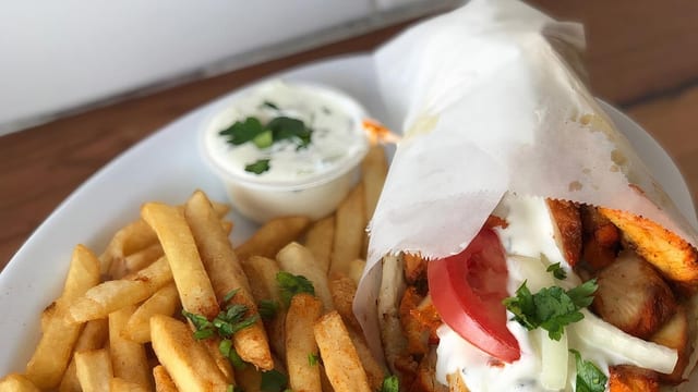 Chicken Gyro with Fries.